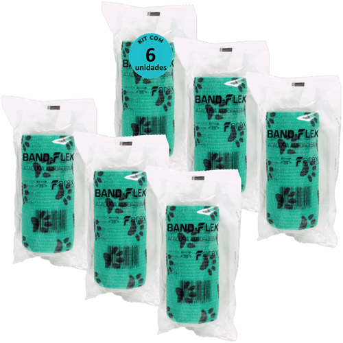 Atadura 10cm Verde Com Patinhas Band-Flex Autoadesiva Para Animais Farex Kit Com 6